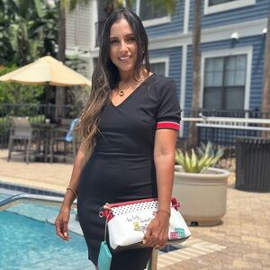 Black Dress with Red and White Accents